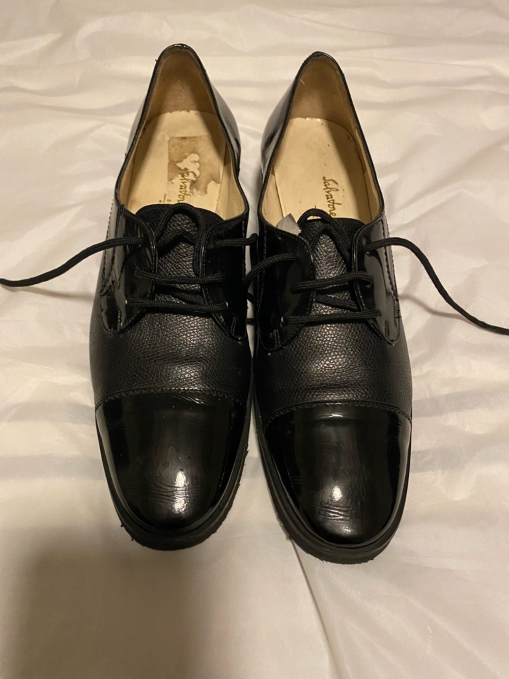 Salvatore Ferragamo Black Leather Lace-Up Wedge Oxfords